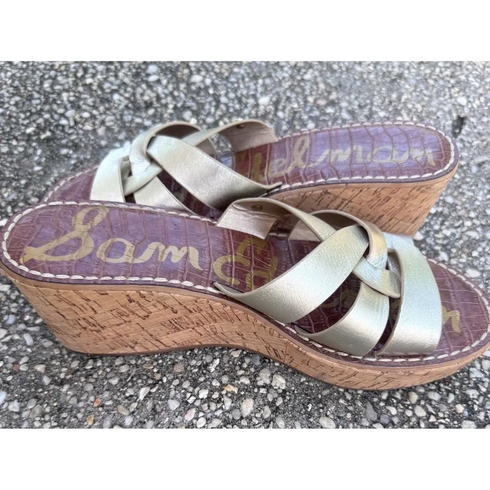 Sam Edelman Raynere Champagne Gold Leather Cork Wedge Platform Mules SZ 8.5